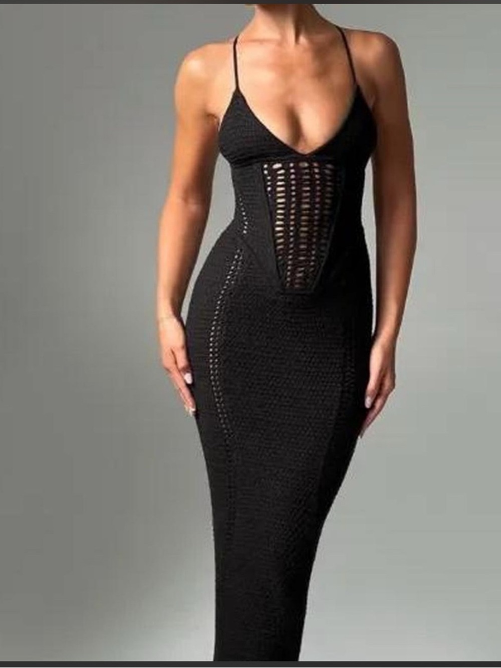 BabyBoo Sleek Black Crochet Bodycon Dress - Spaghetti Strap